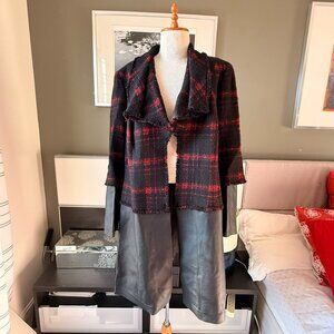 Lafayette 148 New York Red Black Plaid Tweed Jacket Wool Leather Classy US 16W